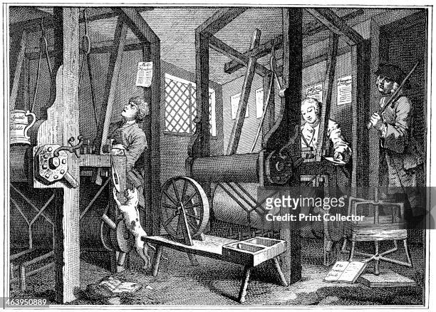 Weaving at Spitalfields, London, 1747 . From Hogarth's Industry and Idleness series. An illustration from A Short History of the English People, by...