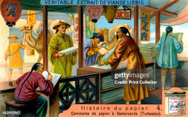 C1900. The paper trade at Samarkand . French advertisement for Liebig's extract of meat.