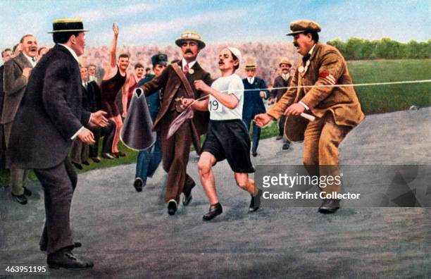Dorando Pietri finishing the first modern Olympic marathon, London, 1908. The marathon at the London Olympics of 1908 was run in ususually hot...