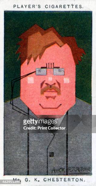 Chesterton, British poet, novelist and critic, 1926. Portrait of Gilbert Keith Chesterton . Cigarette card with straight-line caricature, issued by...