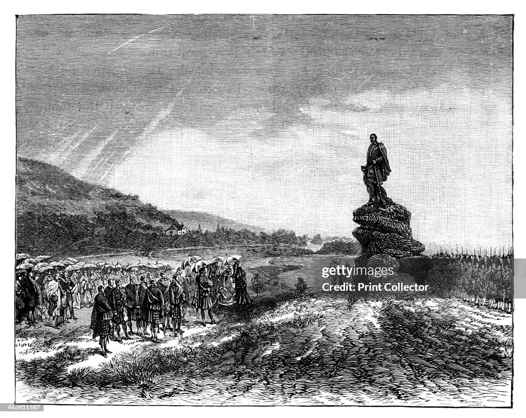 Queen Victoria unveiling a statue of Prince Albert at Balmoral, Scotland, 1860s.