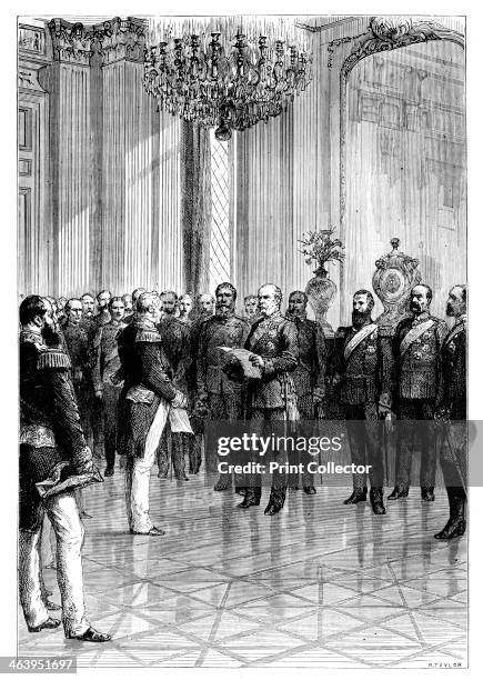 Proclaiming Kaiser Wilhelm I as first German Emperor, Versailles, 1871 . William I of the House of Hohenzollern was King of Prussia from 1861, and...