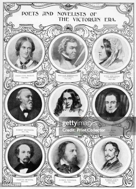 'Poets and Novelists of the Victorian Era', late 19th century. Charlotte Bronte; William Makepeace Thackeray; George Eliot; Robert Browning;...