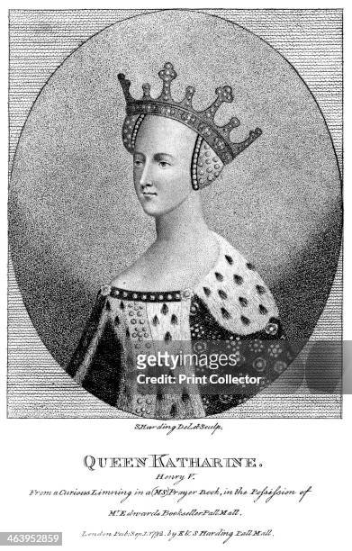 Catherine of Valois , queen consort of King Henry V, 1792. Catherine and Henry were married in 1420 and had one son, the future Henry VI.