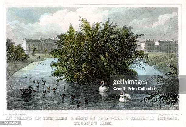 Island on the lake and Part of Cornwall and Clarence Terraces, Regent's Park, London, 1828.