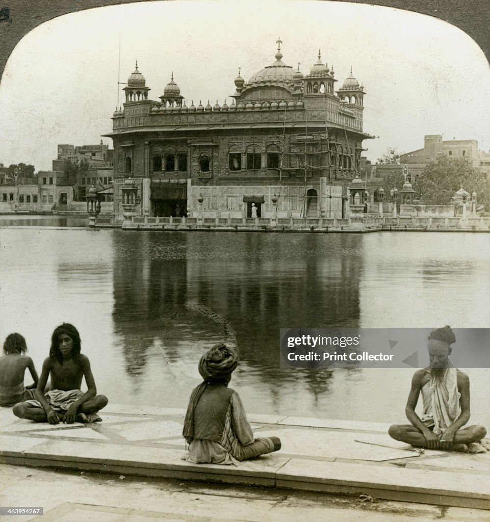 Fakirs at Amritsar, looking south across the Sacred Tank to the Golden Temple, India, c1900s(?)Artist: Underwood & Underwood