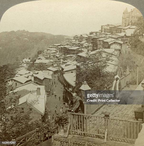 Simla, India's 'summer capital', c1900s. Stereoscopic card showing the view from Lowrie's Hotel to the Viceregal Lodge on Observation Hill. In the...
