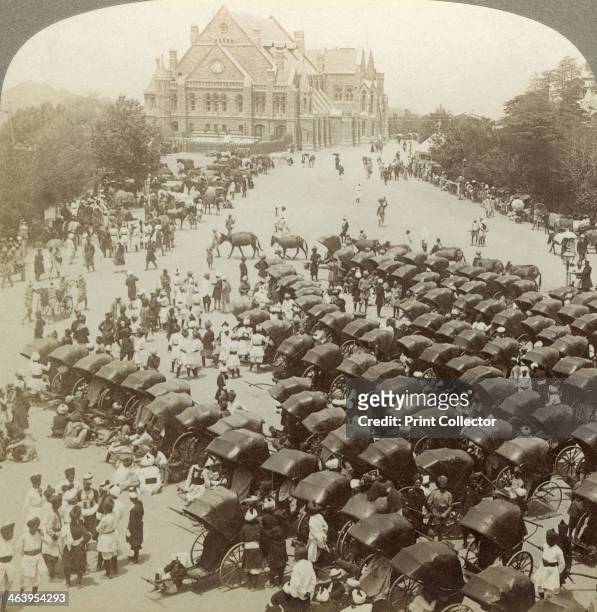 Rickshaws before Christ Church, Simla, India, 26 June 1902. Stereoscopic card. During services of prayer for King Edward VII. The Town Hall is in the...