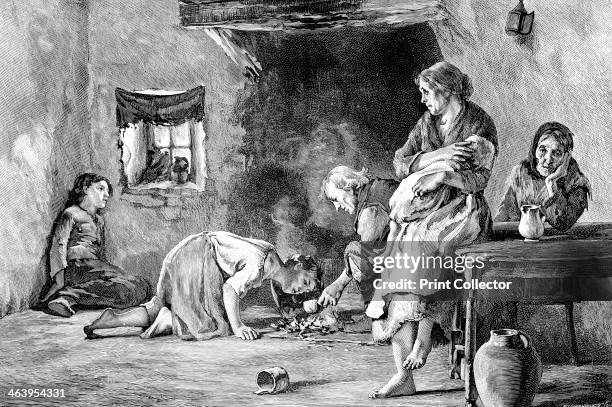 The Irish Famine, 1845-1849, . Interior of a peasant family's hut. Illustration from The life and times of Queen Victoria, by Robert Wilson, .