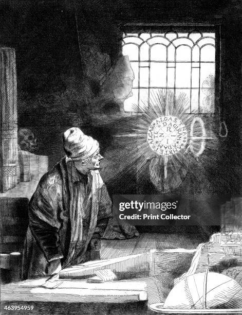 Dr Faustus in his Study. Engraving based on the original painting by Rembrandt, of the necromancer or astrologer who sells his soul to the devil in...