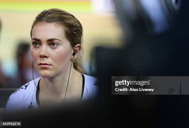 Jess Varnish of the Great Britain Cycling Team looks on prior to the Women's Sprint qualifying round during Day Three of the UCI Track Cycling World...