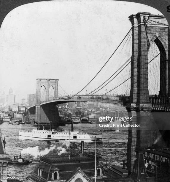 Brooklyn Bridge, New York, USA, early 20th century. Brooklyn Bridge as seen from Brooklyn towards Manhattan. Stereoscopic card. Detail.