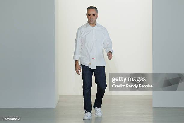 Designer Franciso Costa bows at the Calvin Klein Collection Runway Show during Mercedes-Benz Fashion Week Fall 2015 at Spring Studios on February 19,...