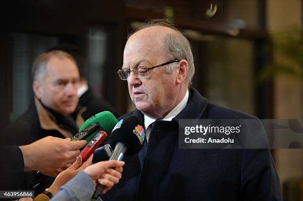 Irish Finance Minister Michael Noonan speaks to media ahead of an emergency meeting of Eurozone finance ministers to discuss the Greece bailout...