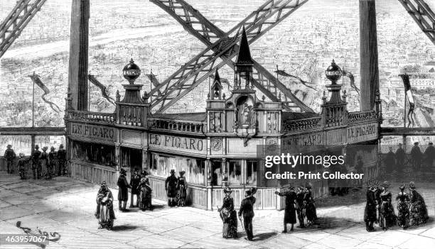 The pavilion of the Figaro, on the second storey of the Eiffel Tower, Paris, 1889. The tower, designed by Gustave Eiffel, was built as the entrance...