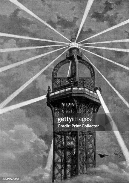 The electric light on top of the Eiffel Tower, Paris, 1889. The tower, designed by Gustave Eiffel, was built as the entrance arch to the Universal...