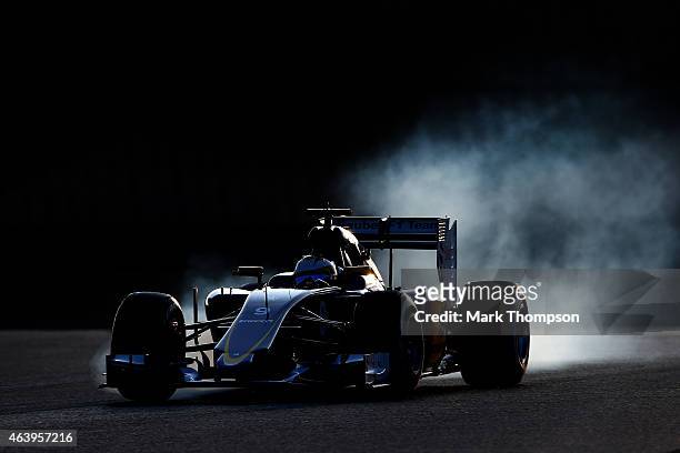 Marcus Ericsson of Sweden and Sauber F1 locks up during day two of Formula One Winter Testing at Circuit de Catalunya on February 20, 2015 in...