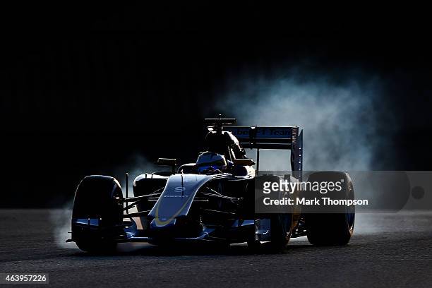 Marcus Ericsson of Sweden and Sauber F1 locks up during day two of Formula One Winter Testing at Circuit de Catalunya on February 20, 2015 in...