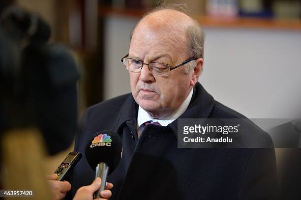 Irish Finance Minister Michael Noonan speaks to media ahead of an emergency meeting of Eurozone finance ministers to discuss the Greece bailout...