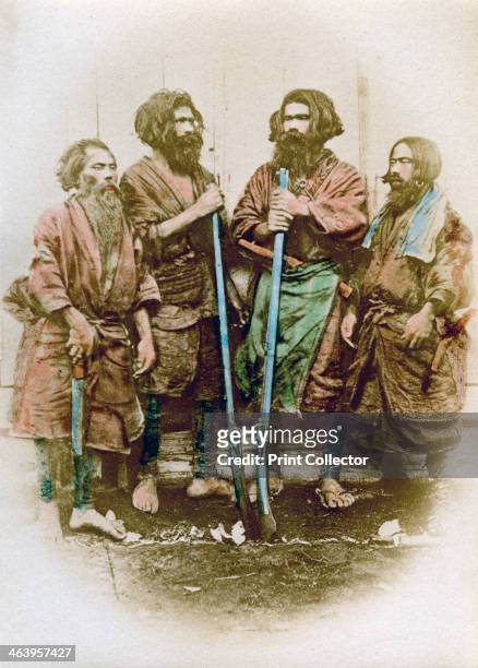 Group of Ainu people, Japan, 1882. The Ainu are a people indigenous to Hokkaido, northern Honshu, the Kuril Islands, Sakhalin and osuthern Kamchatka....