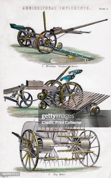 Agricultural implements, 19th century. Hornsby's Paragon mower, Samuelson's combined mower and reaper, and a hay maker.