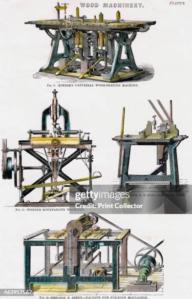 Wood machinery, 19th century. Kinder's universal wood-shaping machine, Whine's dovetailing machine, Bernier and Arbey mortising tool, Bernier and...