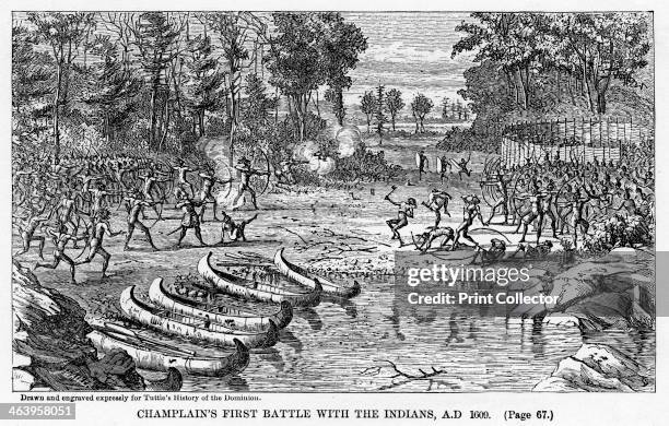 'Champlain's First Battle with the Indians, AD 1609', . French explorer Samuel de Champlain fights Native Americans. Illustration from Popular...