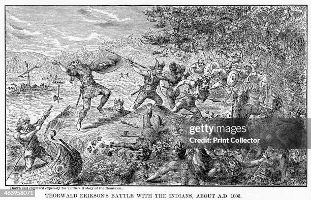 'Thorwald Erikson's Battle with the Indians, about AD 1003', . Norse explorer Thorvald Eriksson fighting Native Americans. Illustration from Popular...