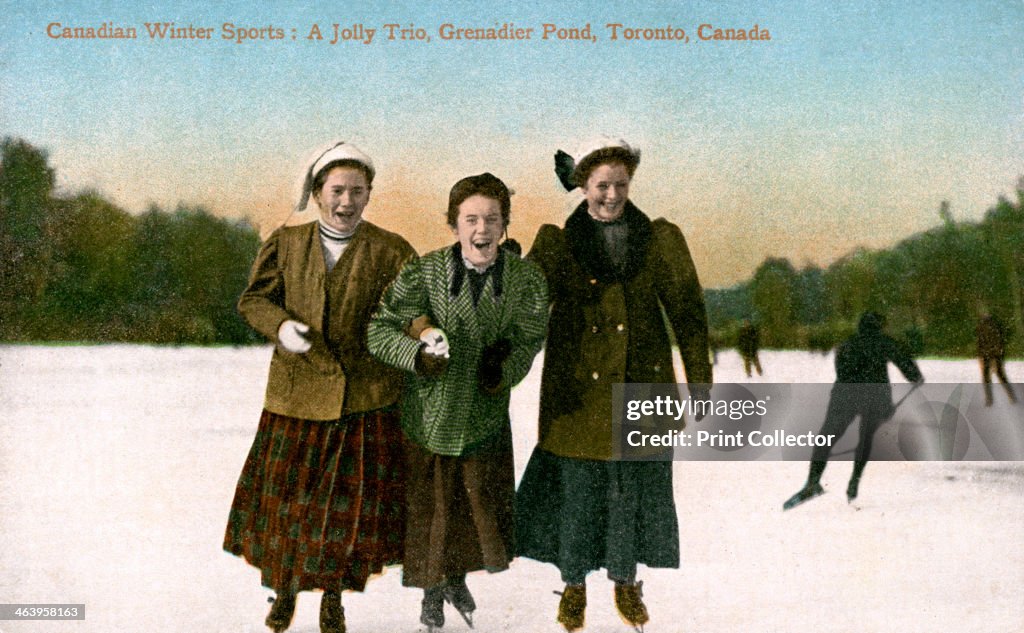 Canadian Winter Sports: A Jolly Trio, Grenadier Pond, Toronto, Canada, 20th Century.Artist: Valentine & Sons Publishing Co