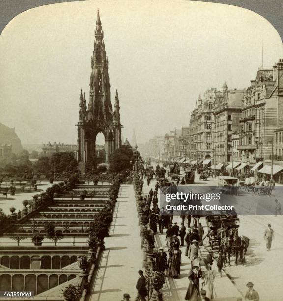 Princes Street and the Scott Monument, Edinburgh, Scotland, c late 19th century. The 200 foot high Victorian Gothic monument to Sir Walter Scott in...