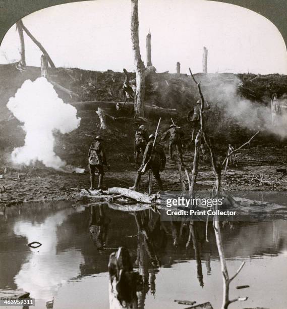 Soldiers crossing the river Ancre, Battle of the Somme, France, World War I, 1916. Scene during the Allied attack on Thiepval Ridge. Stereoscopic...