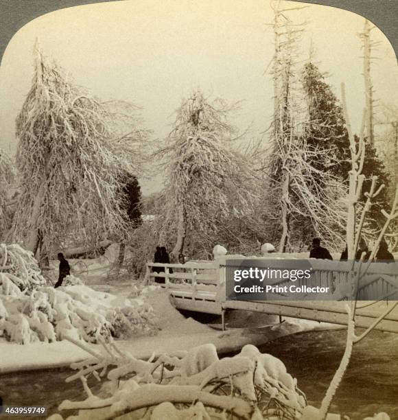 Winter scene, Luna Island, Niagara Falls, New York, USA. Stereoscopic card details.