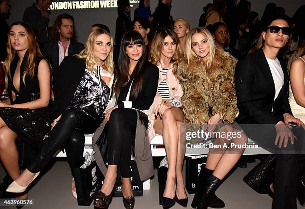 Amber Le Bon, Becky Tong, Sarah Martin, Jade Williams, guest and Nathaniel Weller attend the Jean-Pierre Braganza show during London Fashion Week...