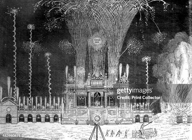 Fireworks at Green Park, St James's, April 27th, 1749. 'The Grand Whim for Prosperity to Laugh at: Being the night view of the royal fireworks as...