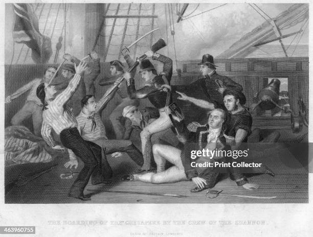 The boarding of HMS 'Chesapeke' by the crew of HMS 'Shannon', 1813. This event took place during the American War of 1812, a war fought between the...