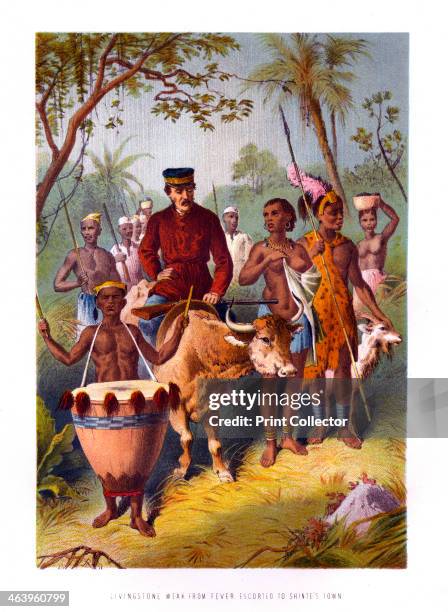 'Livingstone Weak From Fever Escorted to Shinte's Town', 19th century. David Livingstone arrived in Africa in 1840 at the age of 27 as a missionary...