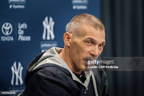 Manager Joe Girardi of the New York Yankees talks with the media during spring training media availability at George M. Steinbrenner Field on...