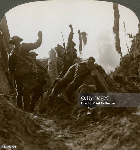 Bombing a German machine gun position, Polygon Wood, Belgium, World War I, 1917. Soldiers from a British regiment from the North of England throwing...
