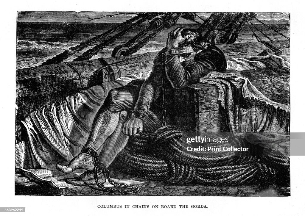 Christopher Columbus in chains on board the 'Gorda', 1490s, (c1872).