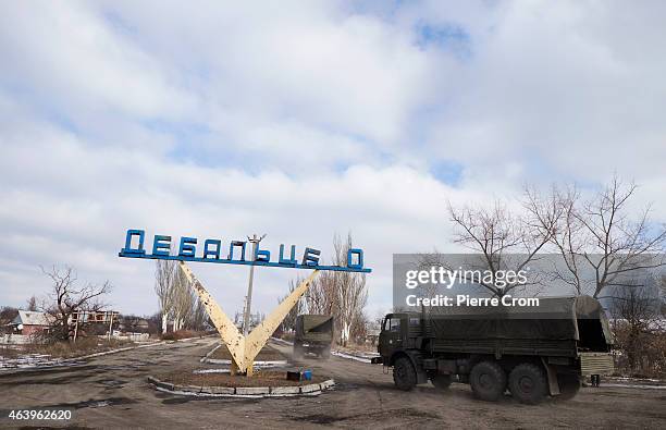 Pro-Russian fighters arrive on February 20, 2015 in Debaltseve, Ukraine. The strategic railway town of Debaltseve is of under the control of...