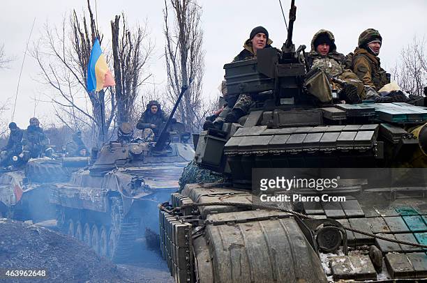 Pro-Russian fighters arrive on February 20, 2015 in Debaltseve, Ukraine. The strategic railway town of Debaltseve is of under the control of...
