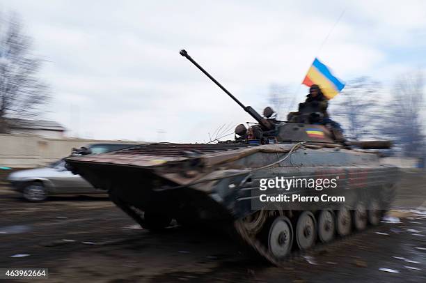 Pro-Russian fighters arrive on February 20, 2015 in Debaltseve, Ukraine. The strategic railway town of Debaltseve is of under the control of...
