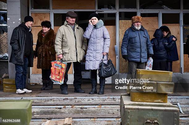 Inhabitants of Debaltseve wait for humanitarian help on February 20, 2015 in Debaltseve, Ukraine. The strategic railway town of Debaltseve is of...
