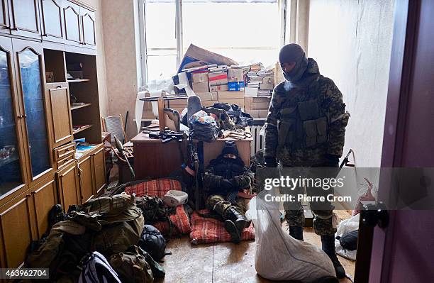 Pro-Russian fighters take position in the town's train station on February 20 , 2015 in Debaltseve, Ukraine. The strategic railway town of Debaltseve...