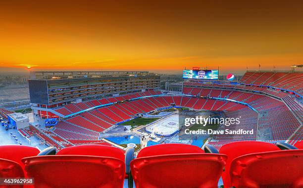 An overhead view of the field during the rink build out as part of the 2015 Coors Light Stadium Series game between Los Angeles Kings and the San...