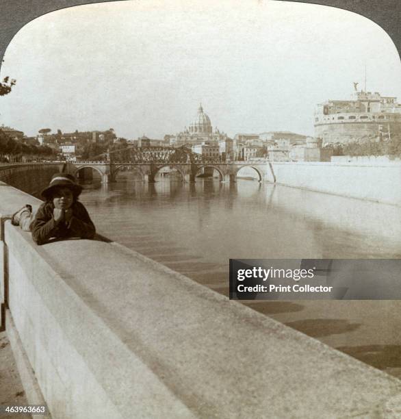 The River Tiber, Castel Sant' Angelo and St Peter's Basilica, Rome, Italy. Stereoscopic card detail.