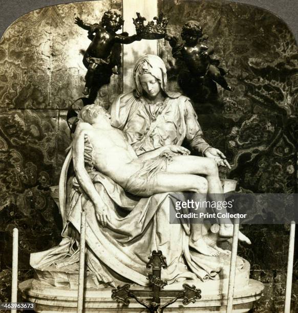 Pieta by Michelangelo, St Peter's Basilica, Rome, Italy. The pieta is a portrayal of the Virgin Mary cradling the body of Christ. Michelangelo's...