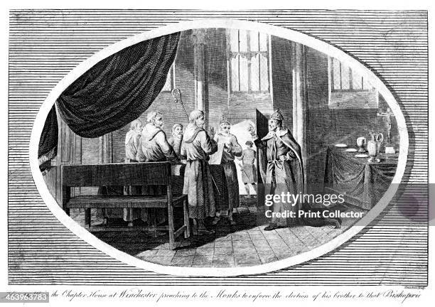 King Henry III in the Chapter House at Winchester preaching to the monks, 19th century. Henry is seen here trying to enforce the election of his...