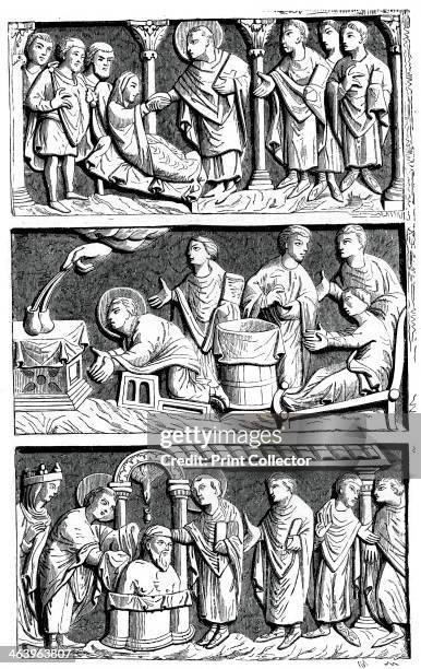 Triptych of the healing work of St Remy, Bishop of Reims, 11th century . The first compartment represents St Remy healing a paralytic; the second, St...