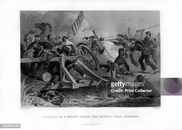 Struggle on a bridge during the retreat from Manassas, Virginia, . Also known as the Battles of Bull Run, the First and Second Battles of Manassas...